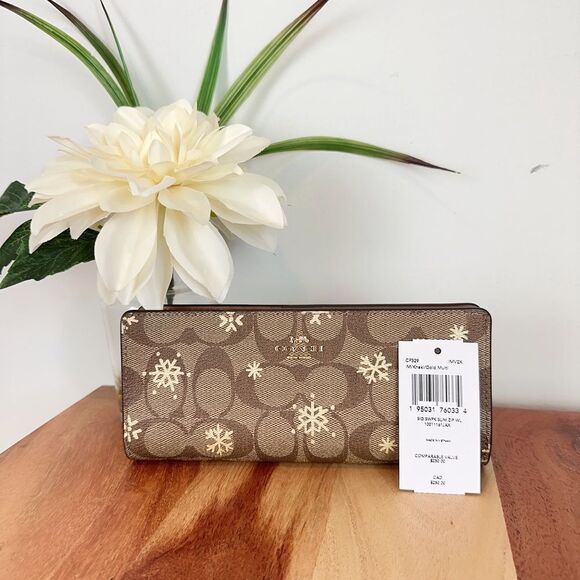 NWT Coach Slim Wallet In Signature Canvas With Snowflake Print - Picture 3 of 6